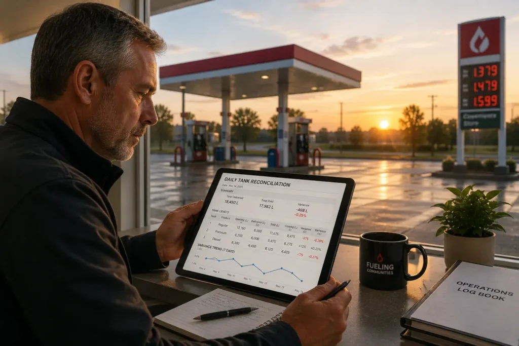 Gas station operator checking a daily fuel variance reconciliation report to monitor inventory accuracy and fuel losses.