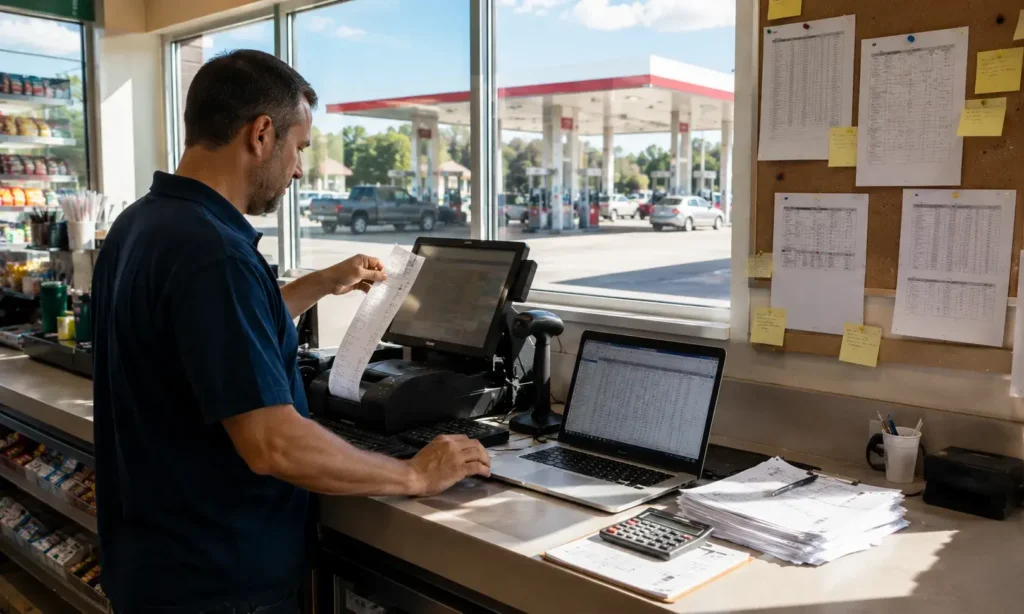 Gas station employee manually reconciling fuel sales and inventory records using paper reports and spreadsheets.