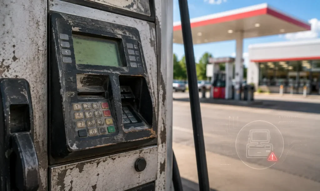 Outdated POS system at a gas station pump with legacy payment terminal increasing security and compliance risks.