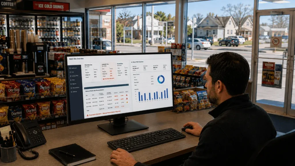 Convenience store POS dashboard showing multi-site sales performance