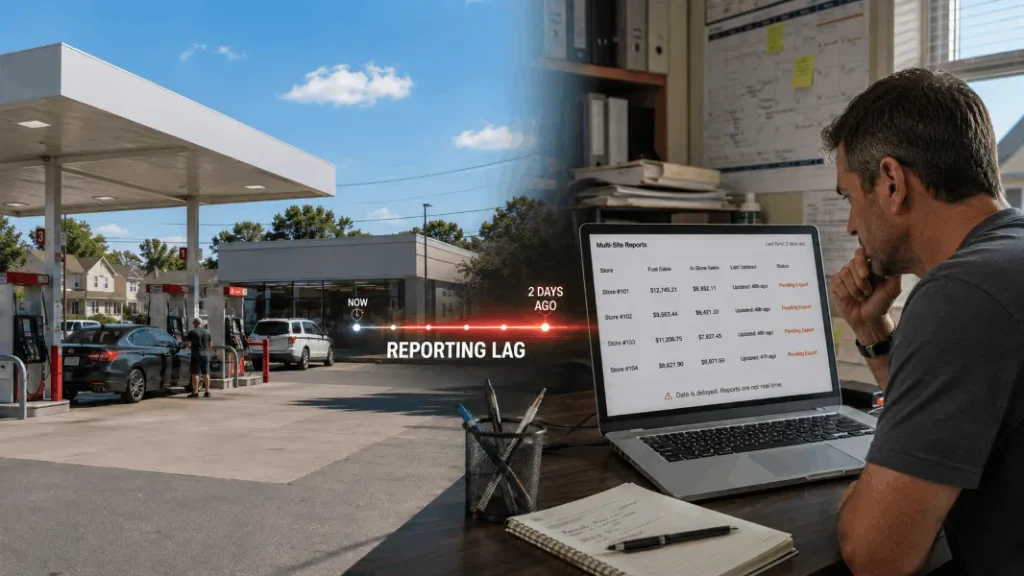 Convenience store POS reporting dashboard showing delayed multi-site data