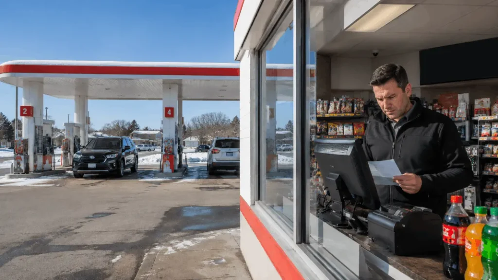 Modern POS system being used at a convenience store fuel station