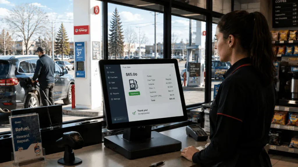 Modern POS system processing a fuel sale at a convenience store