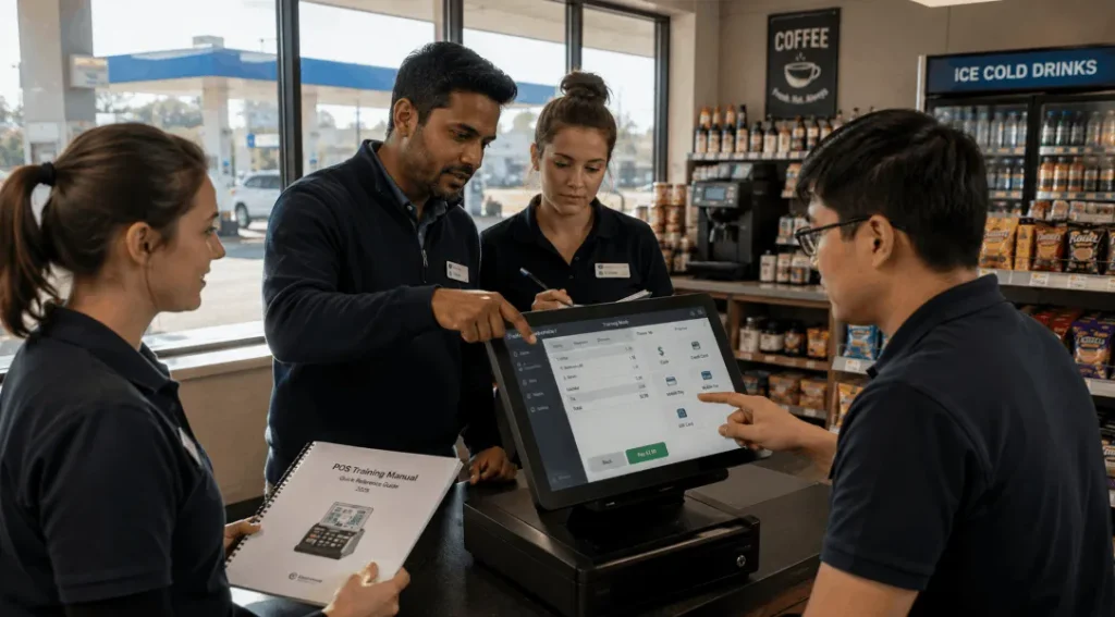 Staff training session demonstrating a Modern POS system at a convenience store