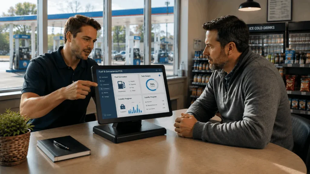 Business owner discussing a Modern POS system for fuel and convenience store operations